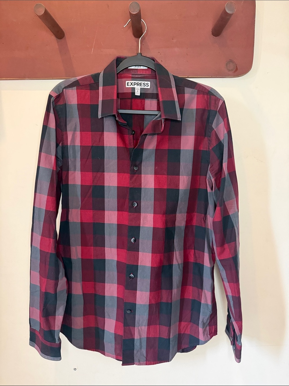 Express Men’s Red and Black Plaid Long-Sleeve Button-Down Shirt